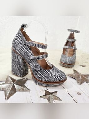 Free People Plaid Perfect Pair Strap Platform Heels mary jane women's 39 (8/8.5)